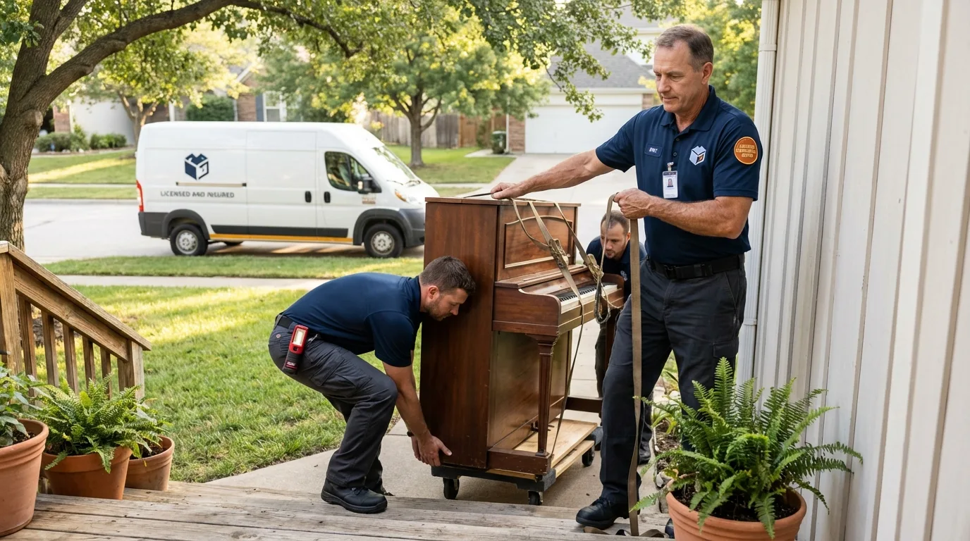 Licensed piano movers securing grand piano in Santa Cruz, CA