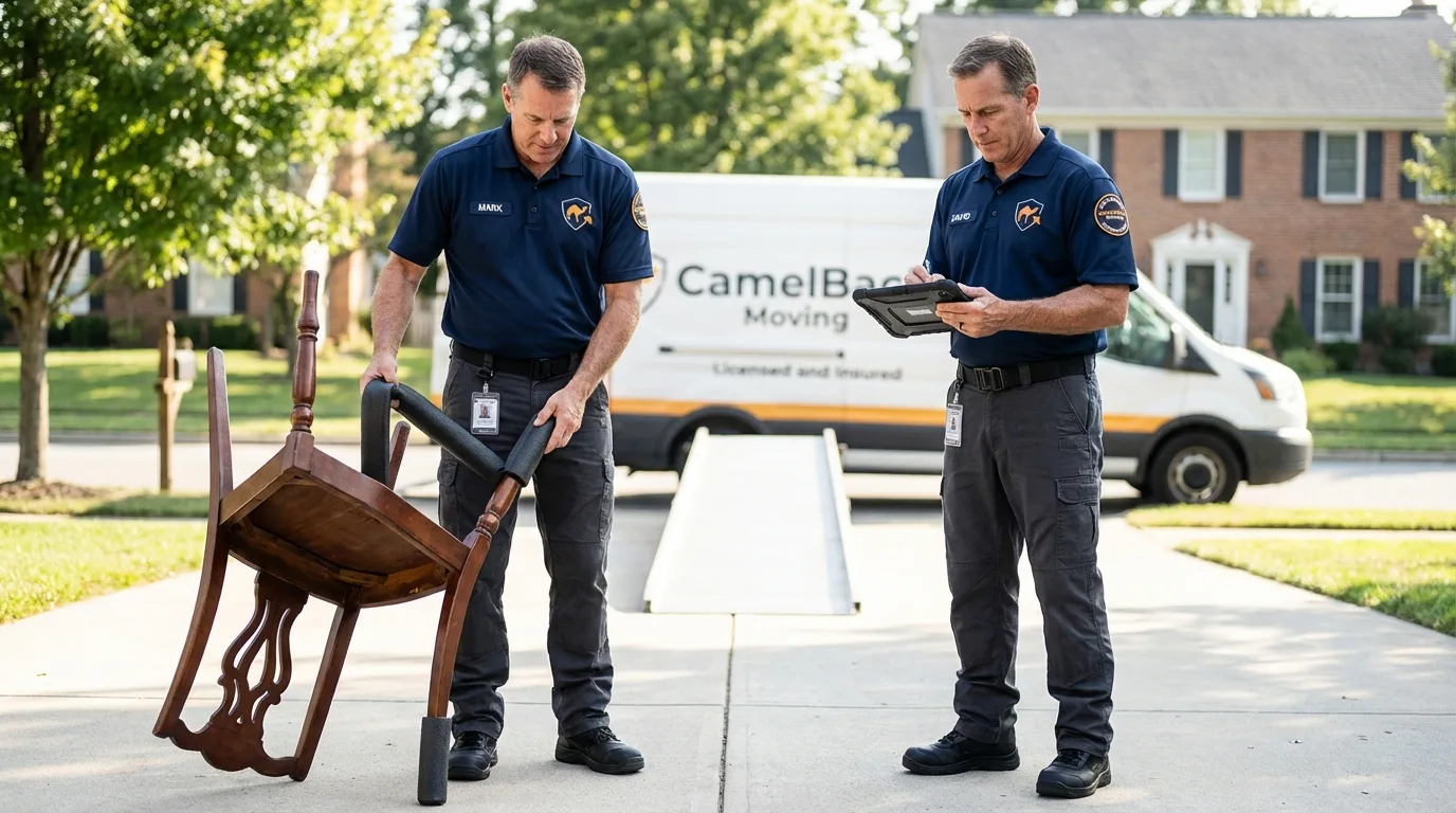 Movers inspecting furniture for damage prevention before loading in Santa Cruz, CA
