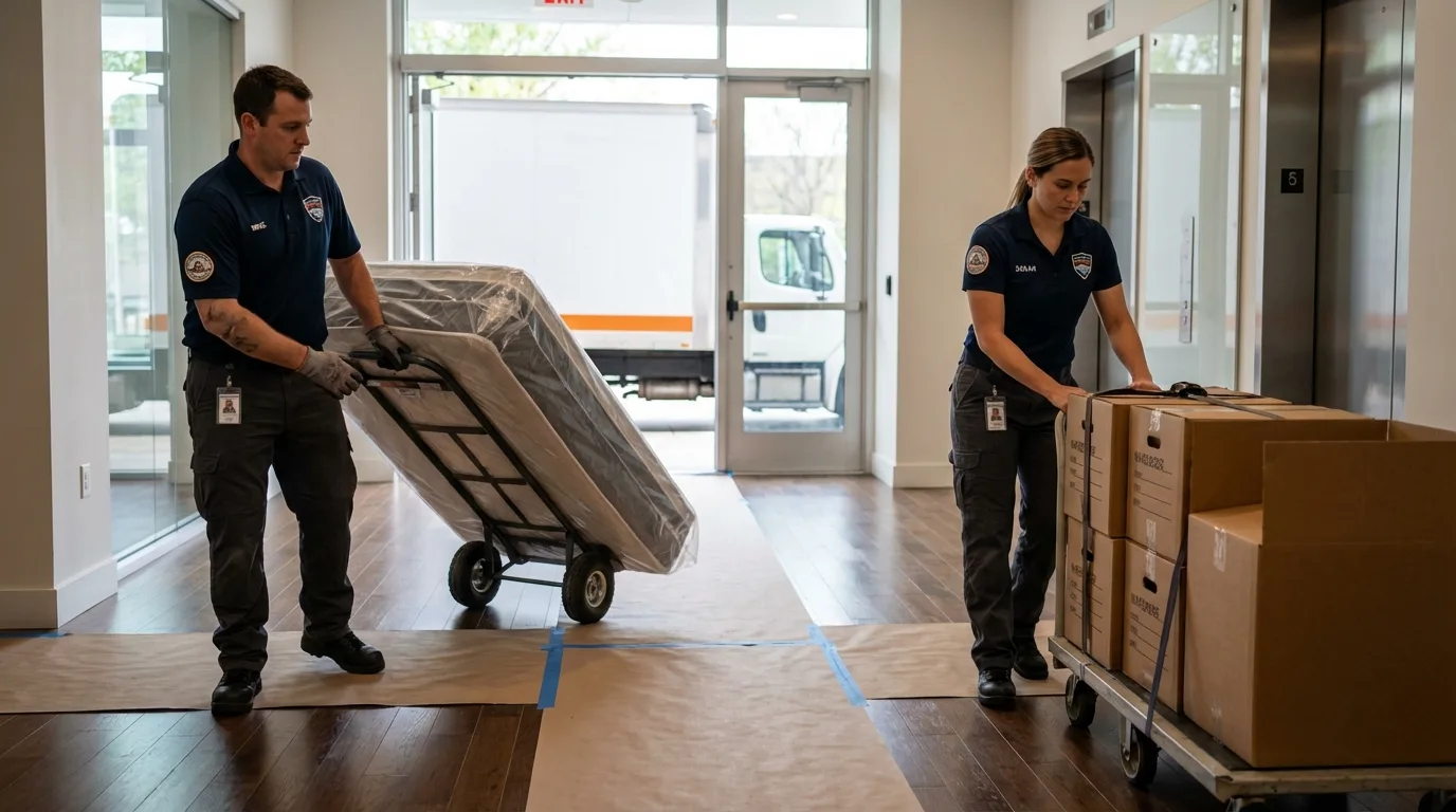 Professional apartment movers loading elevator in Santa Cruz, CA