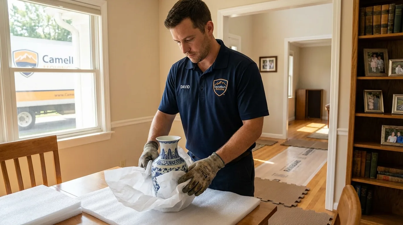 Professional crew carefully wrapping antique vase for senior downsizing move in Santa Cruz, CA